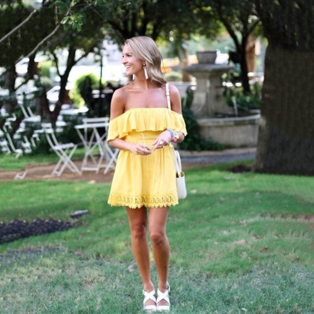 Lovers and Friends Yellow Off the Shoulder Lace Mini Dress